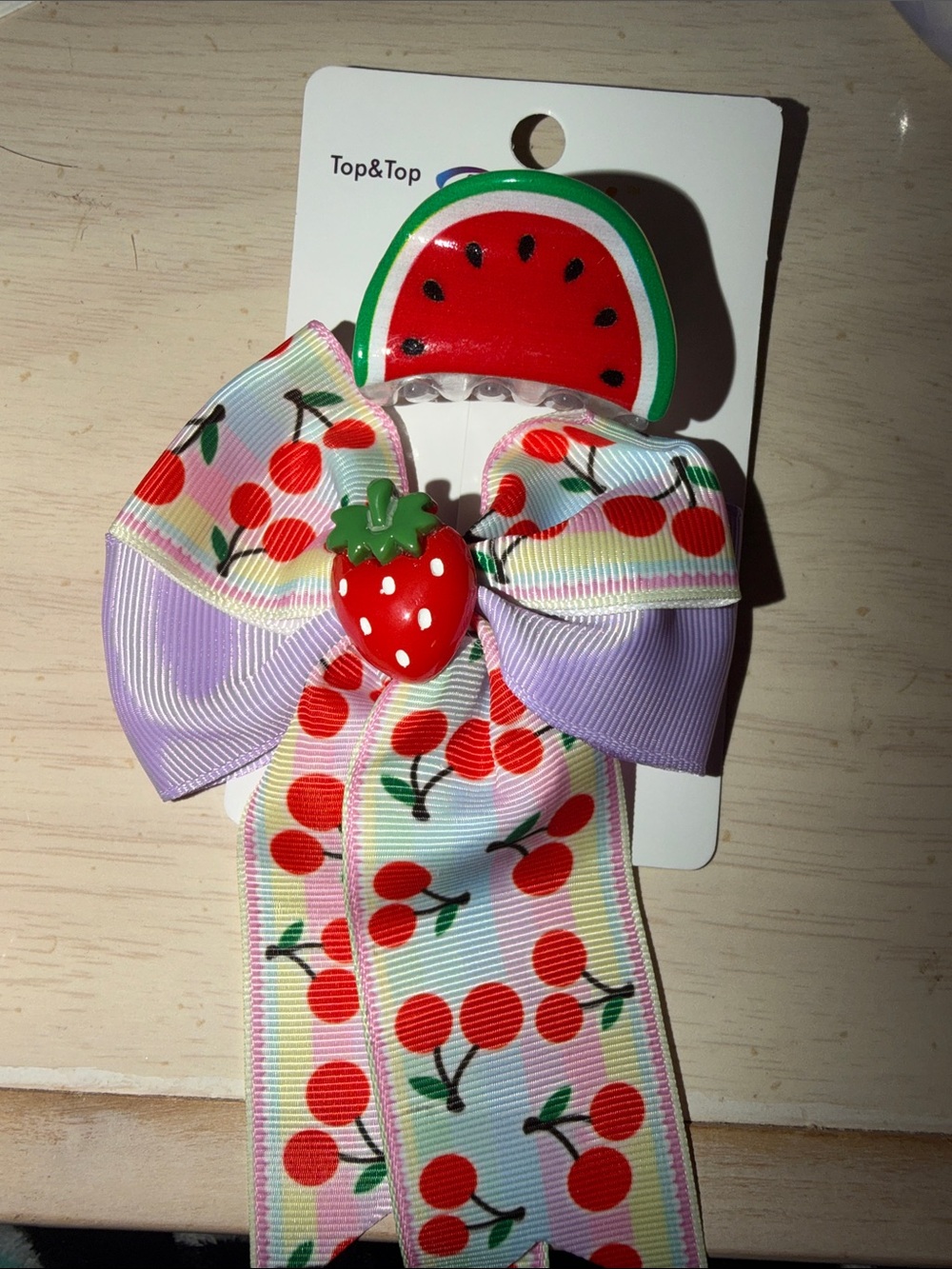 Kids Cherry Bow Hair Clip with Strawberry Accent - Red & Purple
